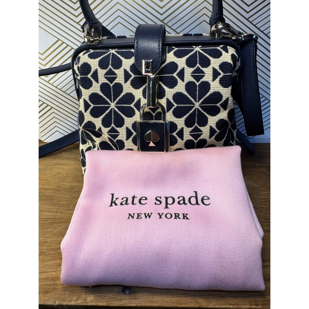 Kate Spade Remedy Spade Flower Jacquard Small Top Handle Bag Navy Blue Cream - Picture 5 of 14